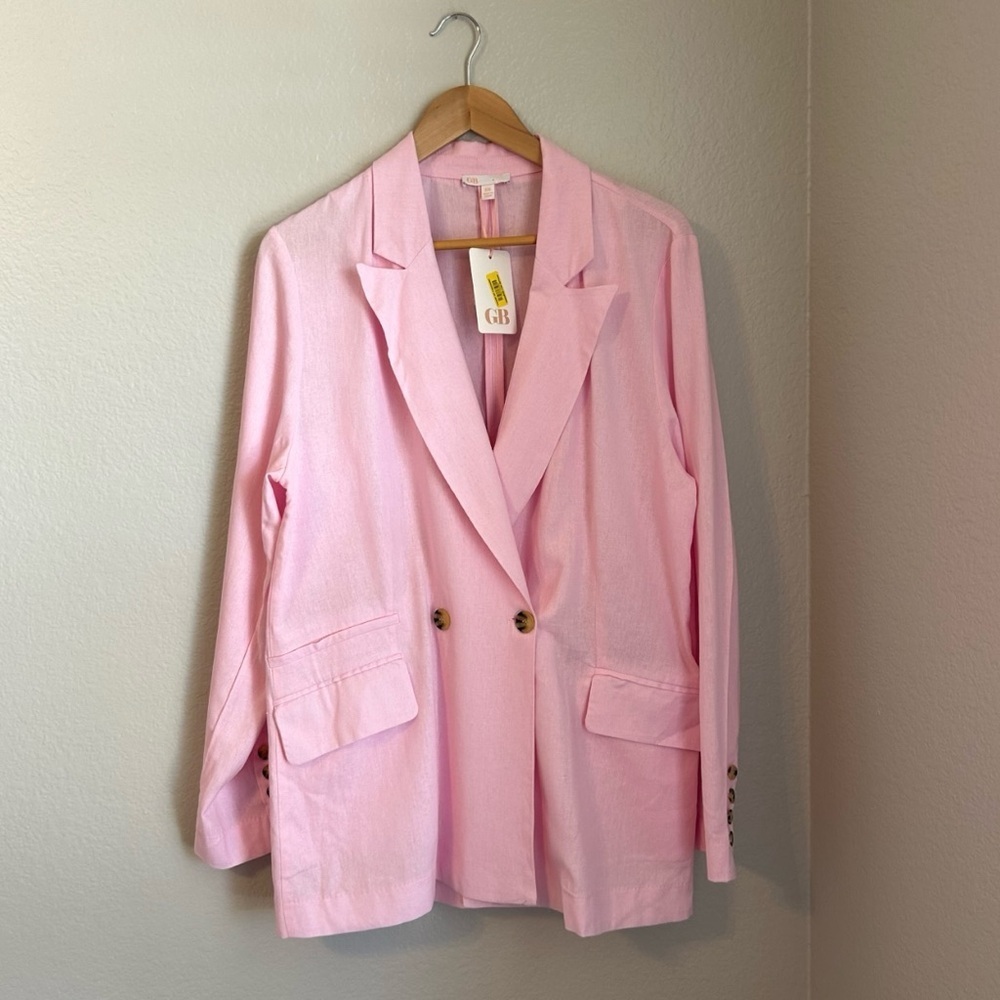 NWT GB Linen Blend Blazer Pale Pink Tortoiseshell Button Long Sleeve Jacket XXL
